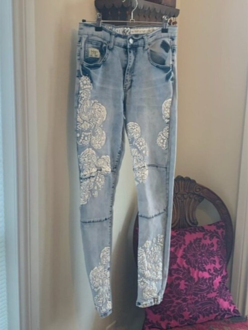 Reason Brand Paisley Patch Jeans Women’s 32 Boho Festival Slim Fit Stretch Denim